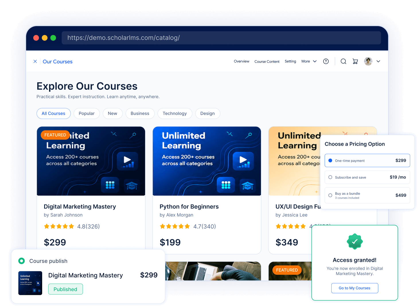 lms-ecommerce-course-storefront Online course storefront showing pricing, course listings, checkout, and sales tools