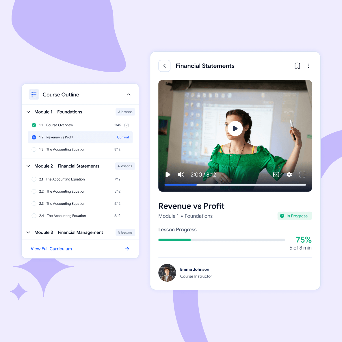 video-lesson-course-content Online course with structured lessons, video content, and learner progress