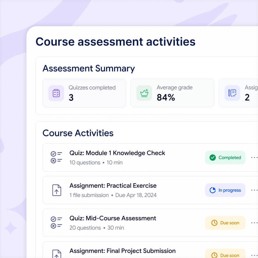 course-assessment-activities-card ScholarLMS course assessment dashboard showing quizzes, assignments, grades, and activity status
