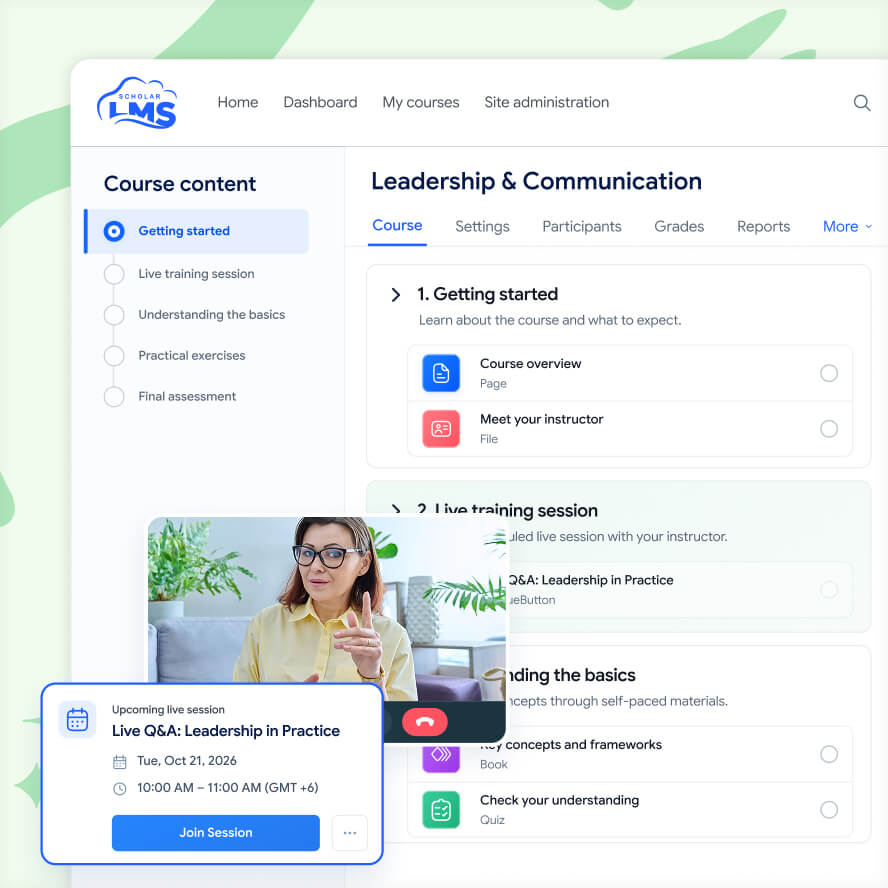 course-content-leadership-with-live-training-card ScholarLMS course with a scheduled live training session and self-paced learning activities
