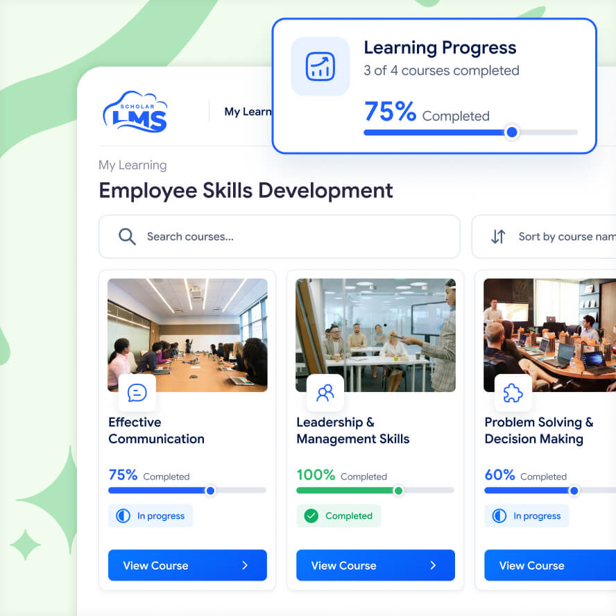 my-courses-learning-progress-card Employee learning dashboard showing assigned training courses and completion progress
