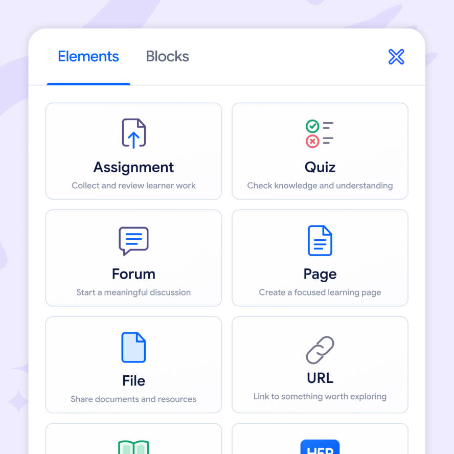 course-builder-elements-picker-card ScholarLMS course builder with assignment, quiz, forum, page, file, and URL activity options